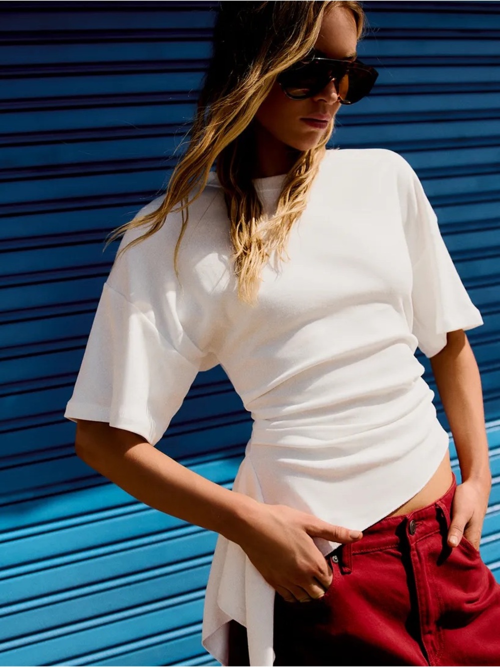 Bershka Short Sleeve T-shirt With Gathering in Off White